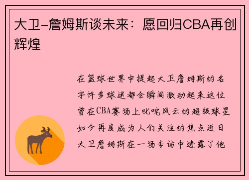 大卫-詹姆斯谈未来：愿回归CBA再创辉煌