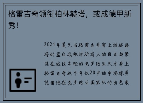 格雷吉奇领衔柏林赫塔，或成德甲新秀！