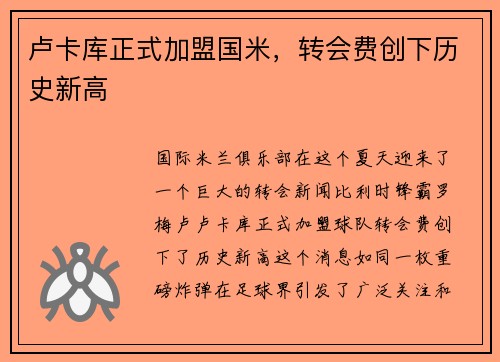 卢卡库正式加盟国米，转会费创下历史新高