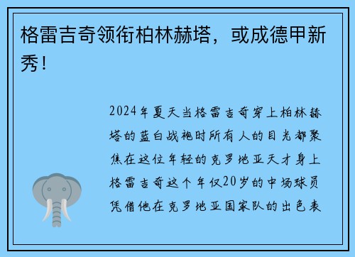 格雷吉奇领衔柏林赫塔，或成德甲新秀！