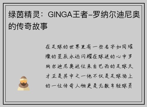 绿茵精灵：GINGA王者-罗纳尔迪尼奥的传奇故事