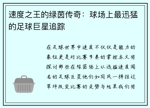 速度之王的绿茵传奇：球场上最迅猛的足球巨星追踪