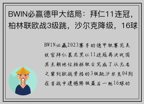 BWIN必赢德甲大结局：拜仁11连冠，柏林联欧战3级跳，沙尔克降级，16球之战