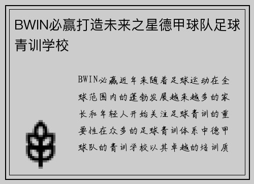 BWIN必赢打造未来之星德甲球队足球青训学校